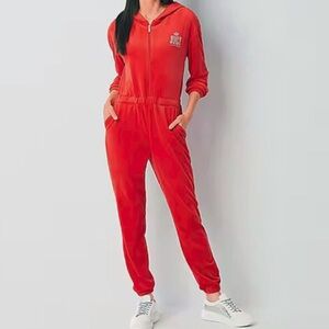 Juicy Couture S Velour Onesie Jumpsuit Logo Red Zip Up Long-sleeve Hoodie Soft